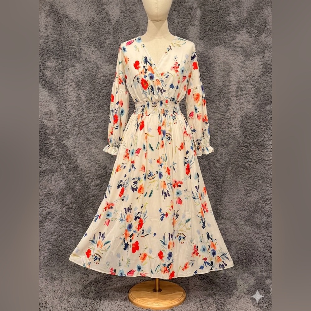 Floral V-Neck Long Sleeve Midi Dress - Cream with Multi-Color Print